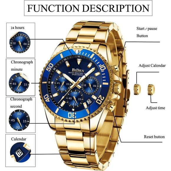 Men's Watches Chronograph Stainless Steel Blue Gold Wrist Watch Waterproof - Picture 9 of 9